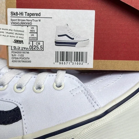 Vans Men’s Sk8-Hi Tapered
Sport Stripes Navy/True White 
VN0A5JMKNWD
Platforms - Picture 16 of 16